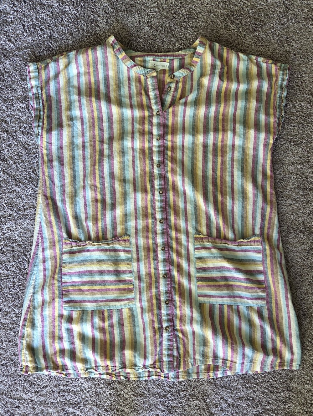 Striped Button-Front Cap Sleeve Dress in Pastel Multicolor